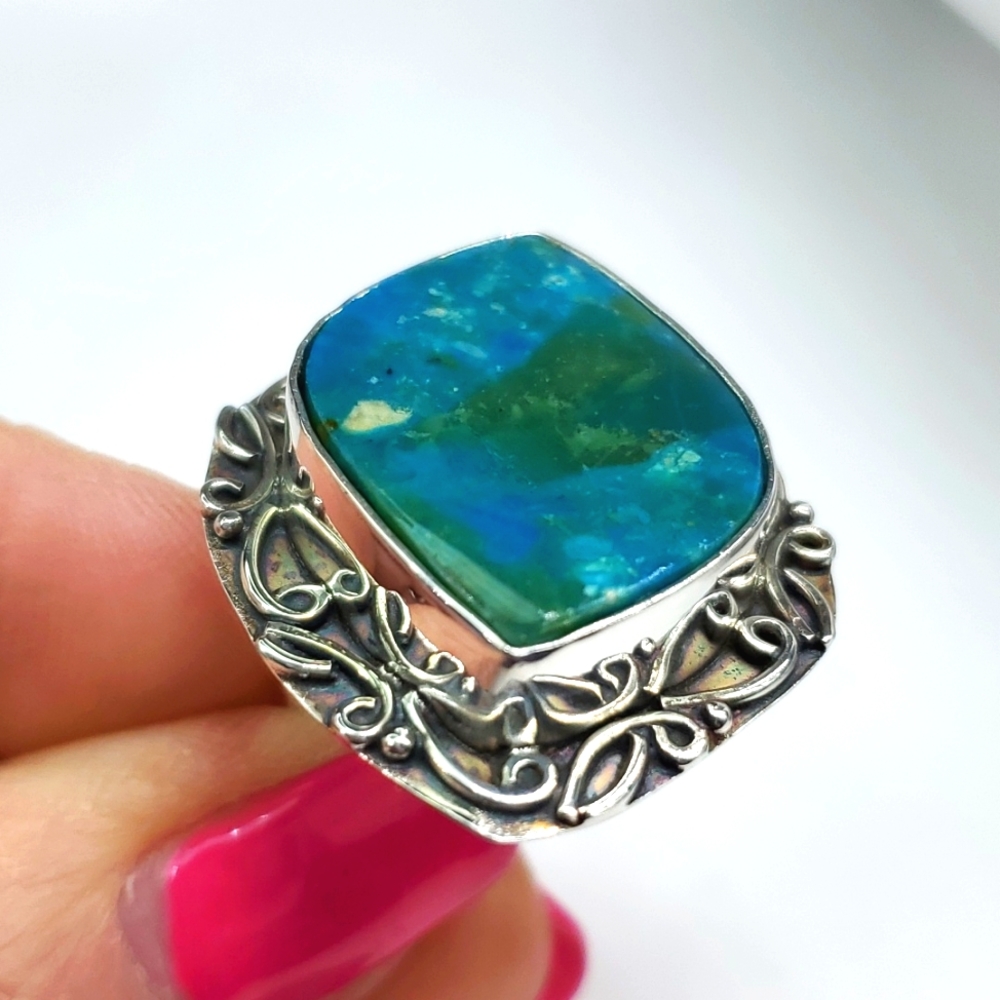 Peruvian Opalina Sterling Silver Ring Artisan Blue Green Stone Size 7 NWT - Picture 2 of 8